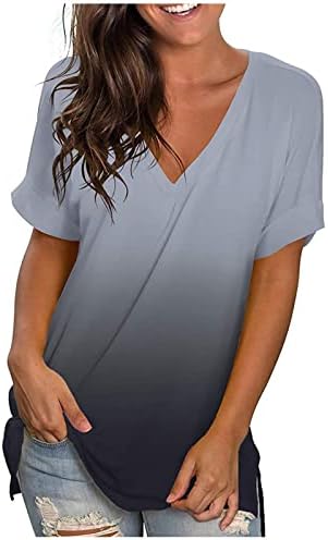 Летни врвови за жени мода V вратот градиент печати блузи лабави се вклопуваат кратки ракави мета 2023 трендовски обични кошули