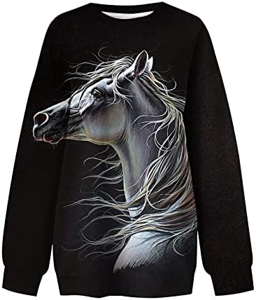 Симпатични коњски кошули за жени модни преголеми џемпери на џемпери, облечени во екипаж, капка рамо со долги ракави кошула пулвер врвот на врвот