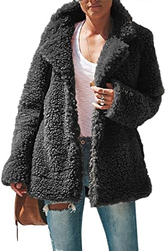 Женски нејасен руно лапел отворена предна јакна за стрижење со бушави палта со долги ракави зимски патент Шерпа