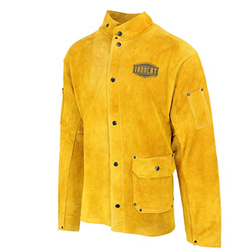 Ironcat 7005 отпорна на топлина Сплит кожна јакна - X -large, Kevlar Thread зашиена јакна за заварување во златно жолта боја.