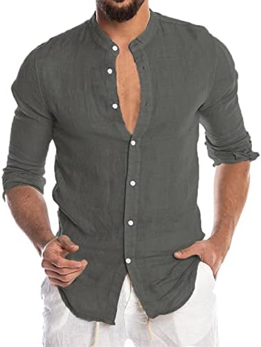 XXBR MENS копче надолу кошули памук постелнина со долги ракави, исмејувајте ја вратот, обичен кошула тенок вклопат мускули гроздобер