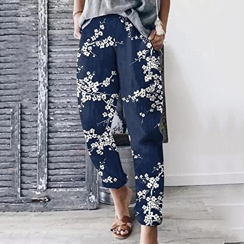 Постелни палацо панталони за жени цветни печати лабави вклопени панталони панталони со еластична половината за одмор палацо
