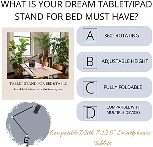 D L S TABLET Stand Ipad држач за биро/кревет -360 степени ротирачки флексибилни раце- компатибилен со уреди од 4-12,9 инчи-