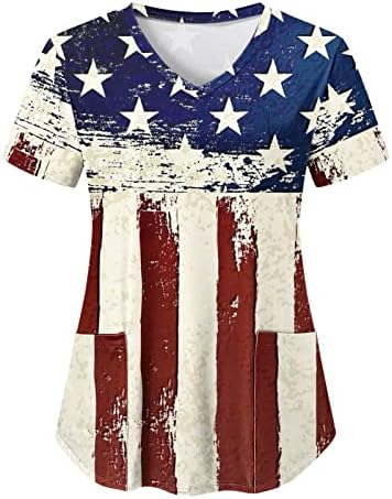 4 -ти јули во САД, маичка со знаме на знаме за жени со кратки ракави против вратот со 2 џебови блузи од одмор лето лето