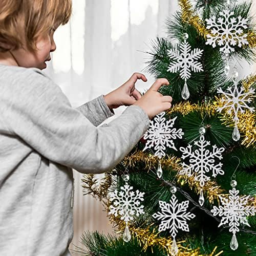 Божиќни украси за снегулка Декорации - 12 парчиња пластични сјајни сјајни украси со снегулки со кристален приврзок и кука за