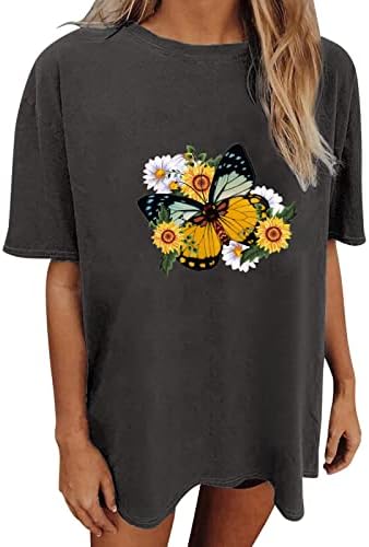 Плус врвови за големина за жени облечени, гроздобер шема печати кратки ракави екипаж облеки од врвна женска маица маица