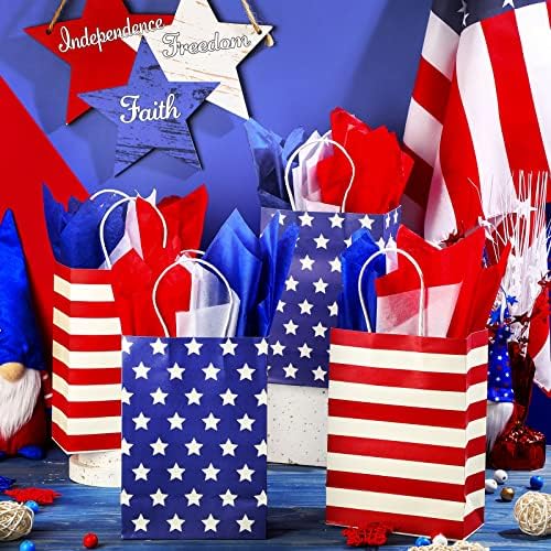 16 Парчиња Патриотски Торби За Подароци Со Рачка со 18 Парчиња Ткивна Хартија 4 јули Торби За Подароци Американско Знаме Сад