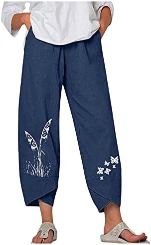 2023 памучни панталони за постелнина, лето високо половината широка нога палацо капри должина цветна печатена салон панталони