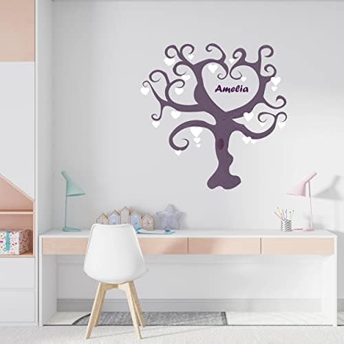 BestDecor4 You Custom Girls Name Wall Decal со кадрава виолетова уметност дрво со бели срца на гранки за декор за бебиња - Персонализирани
