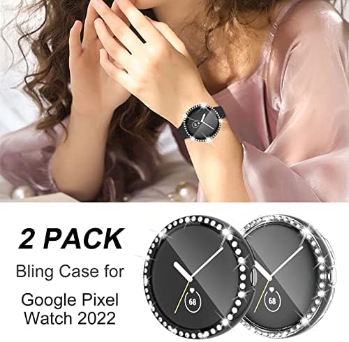 2 Пакет за заштита на екранот за забивање на екранот за Google Pixel Watch, Women Girl Glitter Diamond Rhinestone Целосна заштитна обвивка за браник за Google Pixel Watch 2022 додатоци