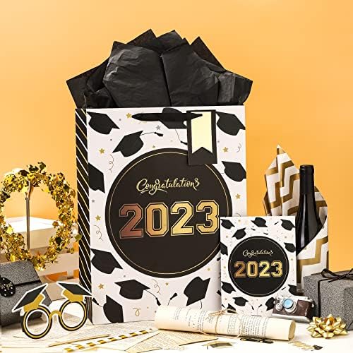 WRAPAHOLIC 16.5 Екстра Голема Торба За Подароци За Дипломирање 2023 година Со Картичка И Ткивна Хартија -2 Пакет Црно Злато Класа од 2023 година