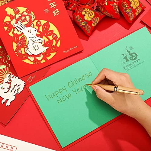 6 сетови кинески новогодишни картички со коверти за година на зајак 2023 Смешни честитки 2023 Зајак црвени коверти Добра среќа