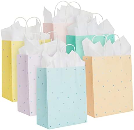 СИНА ПАНДА 36 Спакувајте Средни Торби За Подароци Од Хартија Со Точки Со Рачки и Хартија Од Бело Ткиво, 6 Пастелни Бои На Виножитото