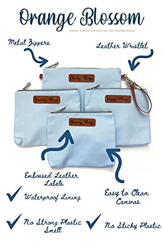 Стилски Торбички За Организирање Пелени-XL Комплет од 4 Светло Сини Торбички За Пелени Од Платно Со Врежани Етикети Од Кожа,